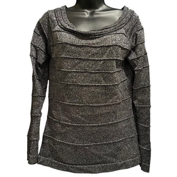 Cache Long Sleeve Slinky Knit Top Tunic Size Large Silver Black Metallic - Picture 1 of 6